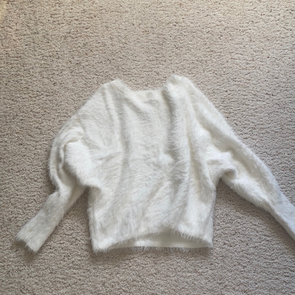 white soft furry crewneck sweater